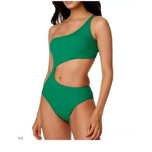Bar III VIVID GREEN Micro Rib One-Shoulder Cutout One-Piece Swimsuit, US Large